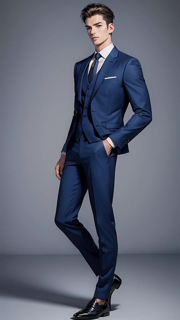 a full-length masculine man, in a casual pose. slim build. wearing navy blue suit jacket and blue trousers and detailed polished shoes. Hairstyle should be simple and natural. Try to keep body proportions realistic and avoid distortions. Face should be in a neutral expression, looking straight ahead, full-length distant view, 0° angle, frontal, framing distance 5790 mm