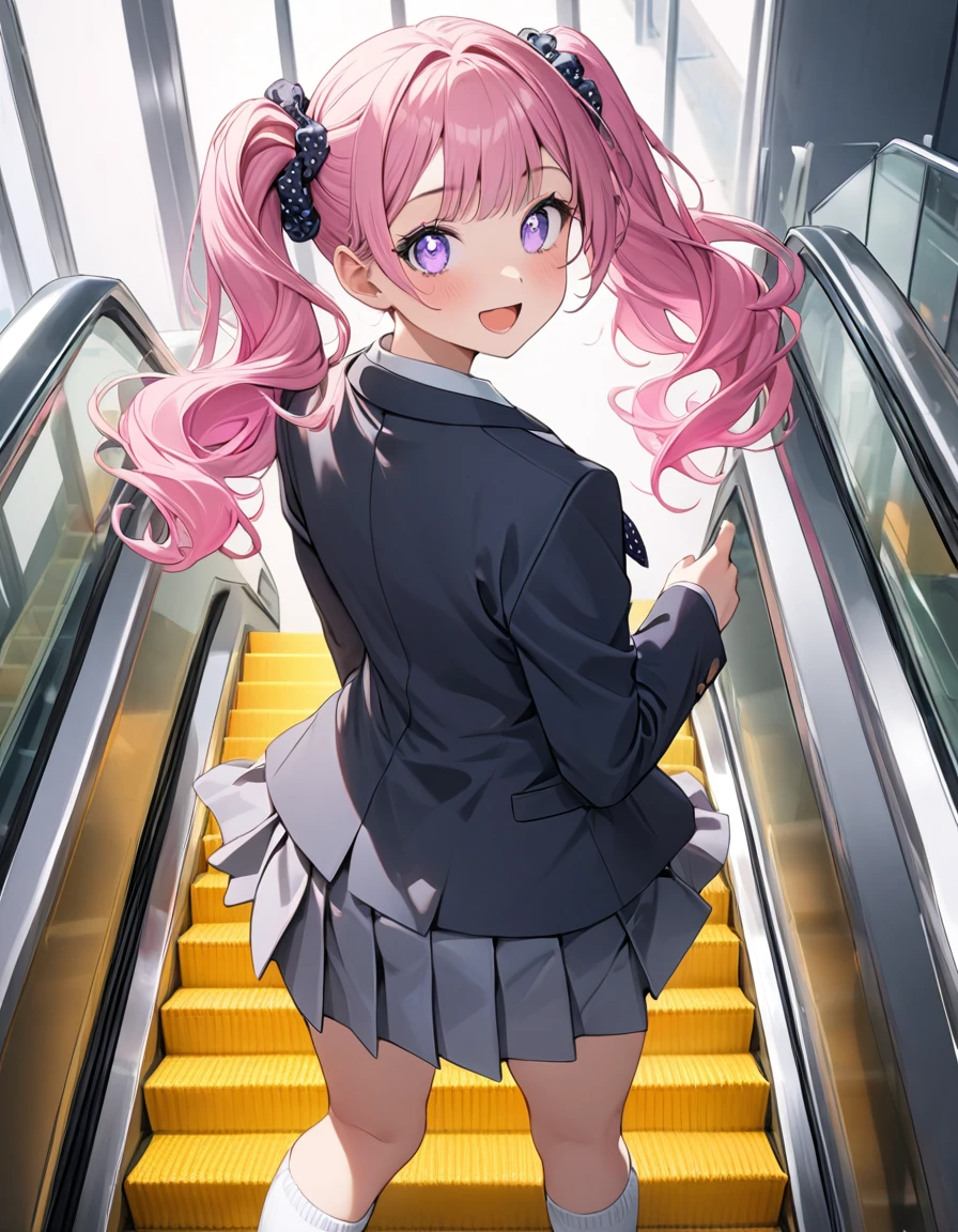 (8K, best quality, master piece: 1.2), super high resolution,1 girl,yo,solo,1ultra-detailed face,detailed eyes,Mascara,Bubblegum Pink hair,natural wave hair,twintails,Purple Eyes,flower-shaped pupils,(scrunchie,, blazer,Short pleated skirt),(gray:1.5),polka-dot pattern Ribbon tie,(white loose socks:1.2),happy,open mouth,sigh,medium breasts,double peace,リムライト,standing on escalator,looking back,Look at Viewer