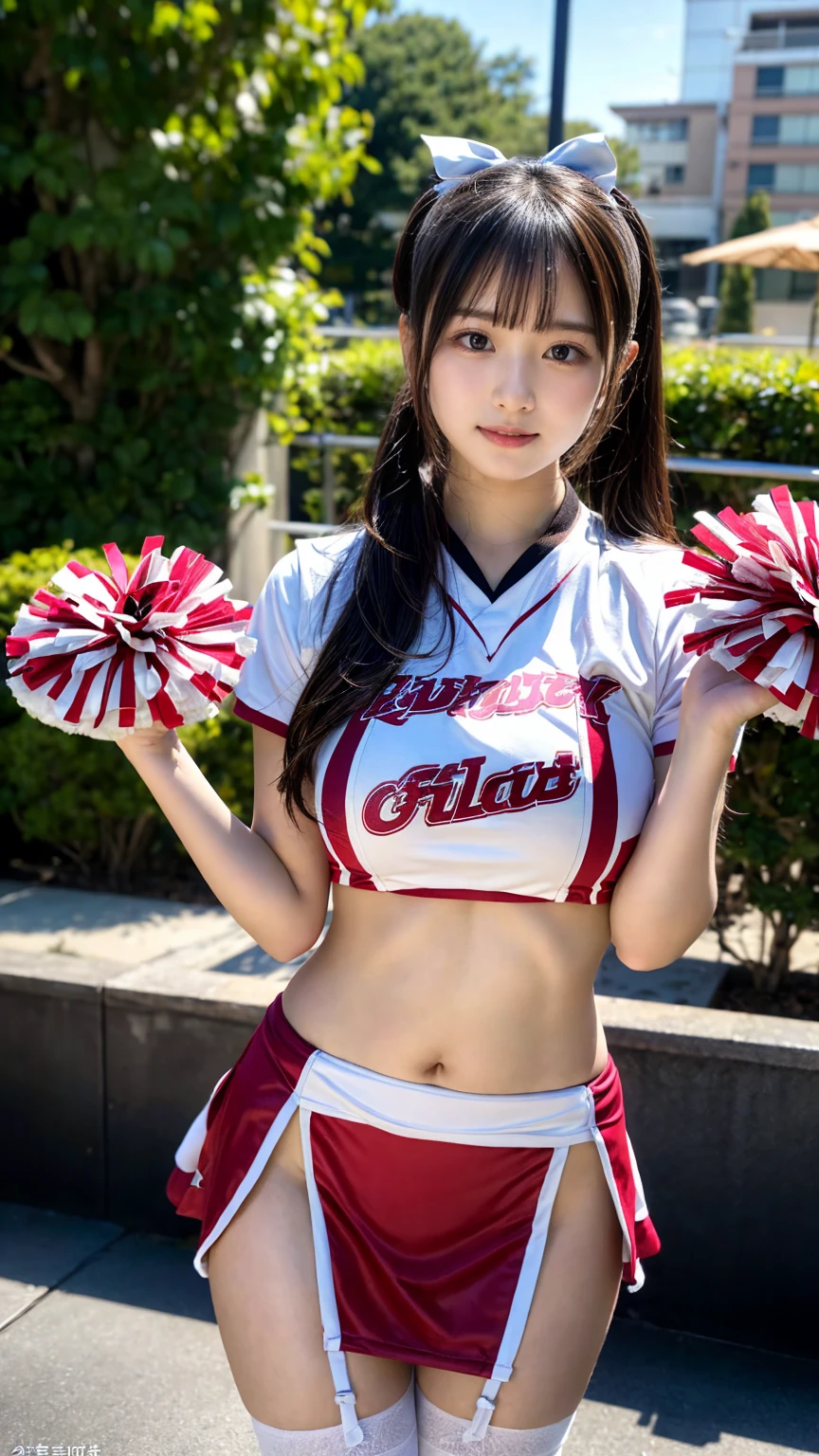 (8K, RAW Photos, Highest quality, masterpiece:1.2), (professional photography, full colors, studio-caliber color grading), (Gravure quality for high-end fashion magazines), BREAK,18 year old girl, (fluffy ponytail:1.2), Big Natural Color Lip, Plumpy body, (smooth skin:1.1), (huge breasts:1.0), BREAK, (cheer girl:1.5),(a miniskirt), BREAK, hotel room, to stand, Harajuku style