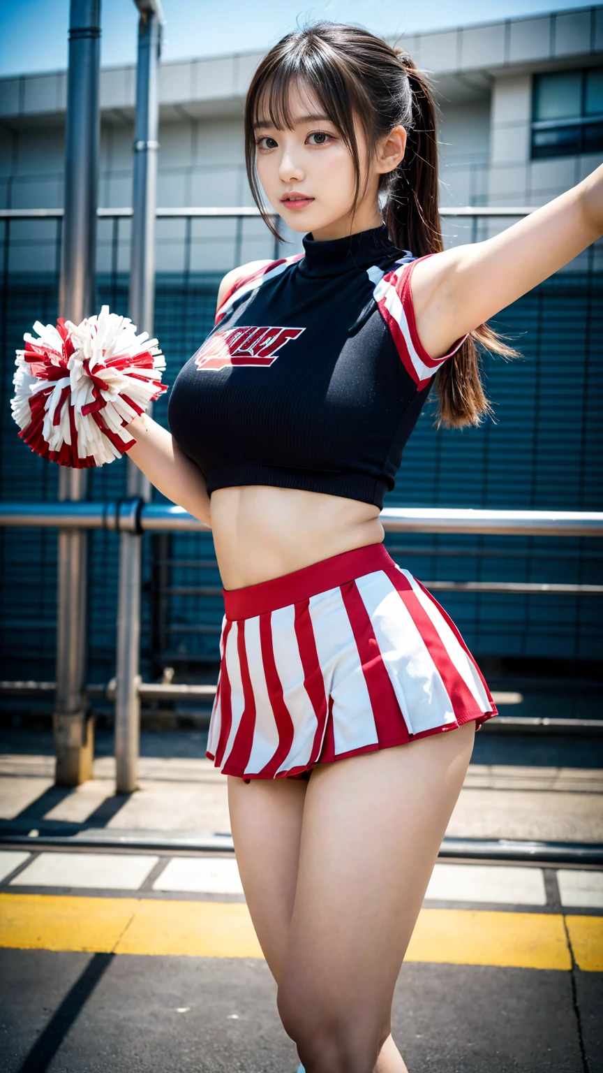 (8K, RAW Photos, Highest quality, masterpiece:1.2), (professional photography, full colors, studio-caliber color grading), (Gravure quality for high-end fashion magazines), BREAK,18 year old girl, (fluffy ponytail:1.2), Big Natural Color Lip, Plumpy body, (smooth skin:1.1), (huge breasts:1.0), BREAK, (cheer girl:1.5),(a miniskirt), BREAK, hotel room, to stand, Harajuku style