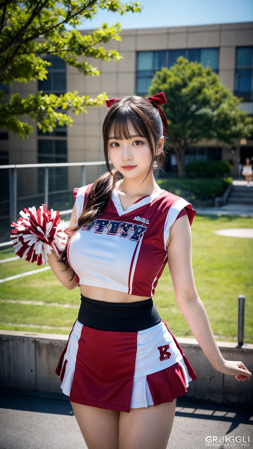 (8K, RAW Photos, Highest quality, masterpiece:1.2), (professional photography, full colors, studio-caliber color grading), (Gravure quality for high-end fashion magazines), BREAK,18 year old girl, (fluffy ponytail:1.2), Big Natural Color Lip, Plumpy body, (smooth skin:1.1), (huge breasts:1.0), BREAK, (cheer girl:1.5),(a miniskirt), BREAK, hotel room, to stand, Harajuku style