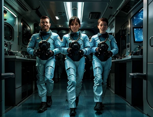 The 5 astronauts wearing space suits are in front of the creature observing , The humanoid being is a hybrid of a lizard and a fish, this being is watching, full body photography full body image. Environment overview.Inside the spacecraft. Walking in the laboratory, full body photo full body photo.