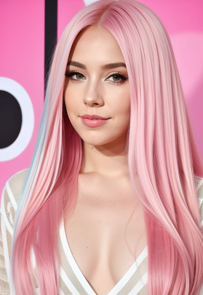um close up de uma mulher com pink hair e um top preto, pink hair, pink straight hair, pink hair claro, com pink hair, pink hair longo, long bubblegum hair, bubblegum hair, pastel pink skin tone, long flowing pink hair, pink hair claro longo, pink hair wispy, pink hair claro com chamas cor-de-rosa, long hair with pastel colors, ava max