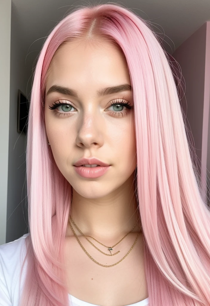 um close up de uma mulher com pink  hair e um top preto, pink  hair, pink straight hair, pink  hair claro, com pink  hair, pink  hair longo, long bubblegum hair, bubblegum hair, pastel pink skin tone, long flowing pink hair, pink  hair claro longo, pink  hair wispy, pink  hair claro com chamas cor-de-rosa, long hair with pastel colors, ava max
