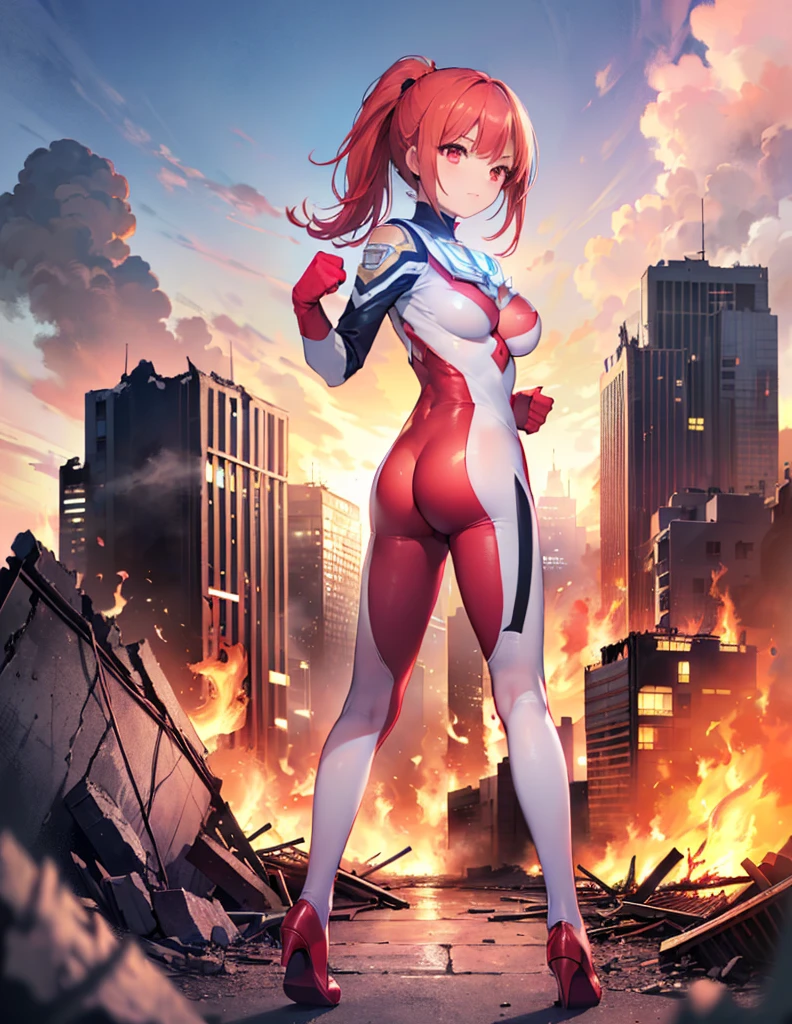 Realistic,Highest quality, Ultra Detail, High-quality CG rendering, The most delicate and beautiful, Floating softly, High resolution, (1 giant girl), (Highest quality,4K,8K,masterpiece:1.2),(All red hair:1.5), (ponytail:1.5),(Red eyes:1.5), (Ultra Girl:1.0), (Red Ultraman bodysuit:1.4),(Do not expose your skin:1.4),(Slightly larger breasts:1.5),(Clenched Fist:1.2),(Place your hands in front of your chest:1.3),(Red gloves:1.3),(Red Shoes:1.3),(whole body:1.3),(front:1.2),(Are standing:1.3),(A city engulfed in flames:1.3),(Buildings in flames:1.3),(Burning Ruins:1.3),(Fighting Pose:1.3),(Put your right hand forward:1.3),(Turn your back to your audience:1.3),Butt