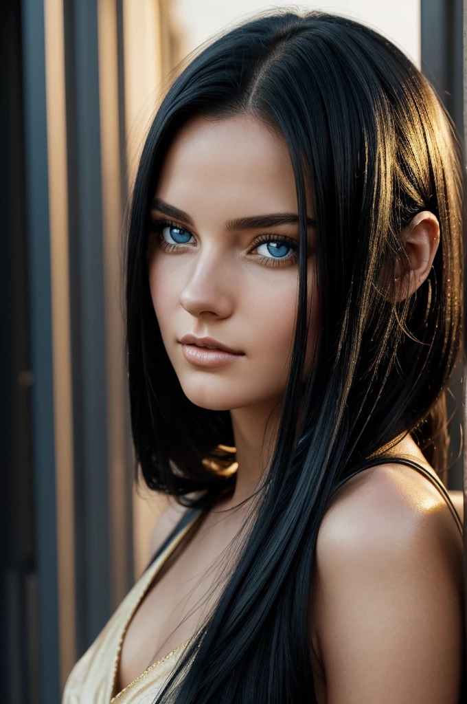 • A photoreal portrait of a young American woman aged 23, with striking light blue eyes and long black hair in a modern way. She is elegantly in contemporary fashion, the image should focus on her face and upper body, high quality with intricate details, and soft, golden-hour lighting casting a warm glow.