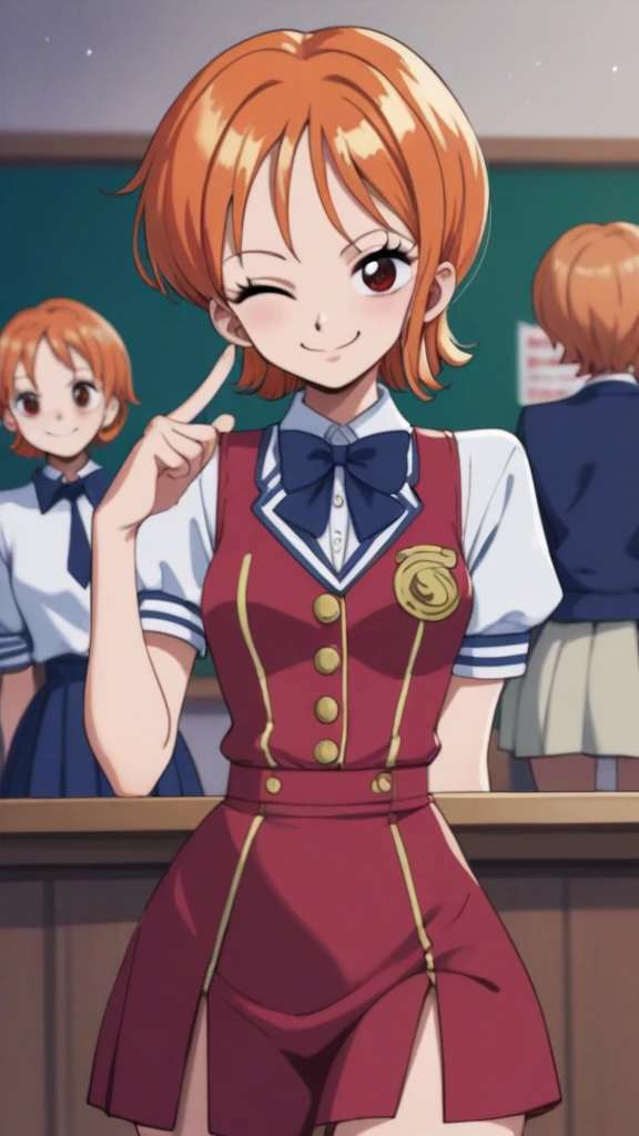 Nami,orange hair,red eyes,small breasts,slender waist,narrow waist,smile,casino,short hair,closed mouth,starlight_academy_uniform,classroom,one eye closed,ok sign,finger frame,, score_9, score_8_up, score_7_up, score_6_up, score_5_up, score_4_up, BREAK, source_cartoon, source_anime,uncensored