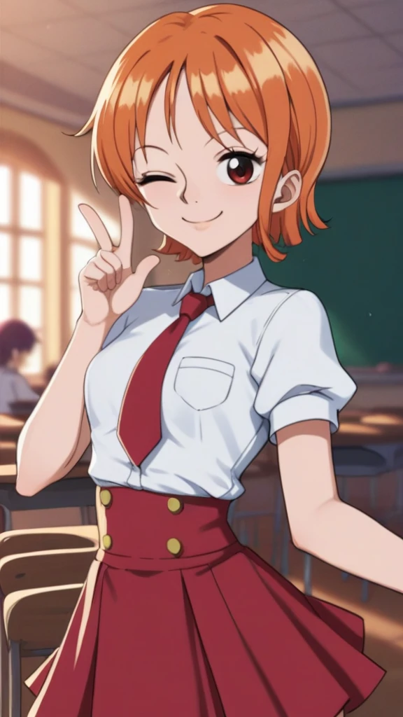 Nami,orange hair,red eyes,small breasts,slender waist,narrow waist,smile,casino,short hair,closed mouth,starlight_academy_uniform,classroom,one eye closed,ok sign,finger frame,, score_9, score_8_up, score_7_up, score_6_up, score_5_up, score_4_up, BREAK, source_cartoon, source_anime,uncensored