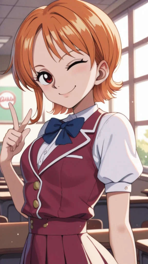 Nami,orange hair,red eyes,small breasts,slender waist,narrow waist,smile,casino,short hair,closed mouth,starlight_academy_uniform,classroom,one eye closed,ok sign,finger frame,, score_9, score_8_up, score_7_up, score_6_up, score_5_up, score_4_up, BREAK, source_cartoon, source_anime,uncensored