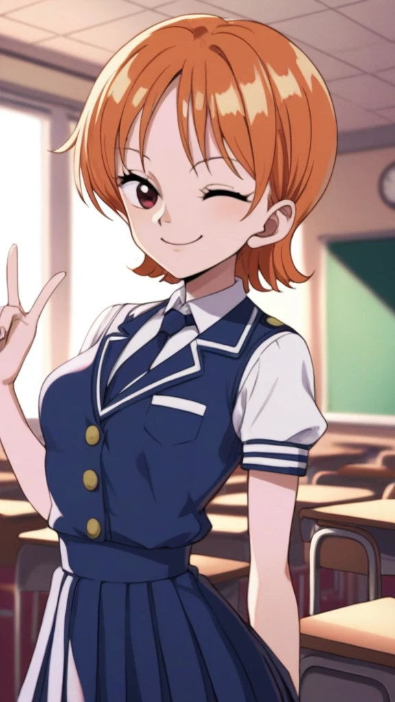 Nami,orange hair,red eyes,small breasts,slender waist,narrow waist,smile,casino,short hair,closed mouth,starlight_academy_uniform,classroom,one eye closed,ok sign,finger frame,, score_9, score_8_up, score_7_up, score_6_up, score_5_up, score_4_up, BREAK, source_cartoon, source_anime,uncensored