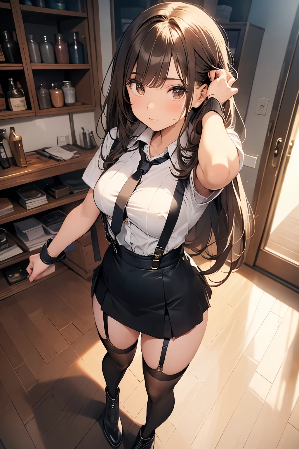 Brown Hair、Looking at the audience suspenders bulging big breasts Black mini skirt garter belt Knee-high socks sight Small face bangs beauty Show your hand sight Black boots Taunt Armpit sweat One person Put your hands behind your back Dress shirt Panty shot