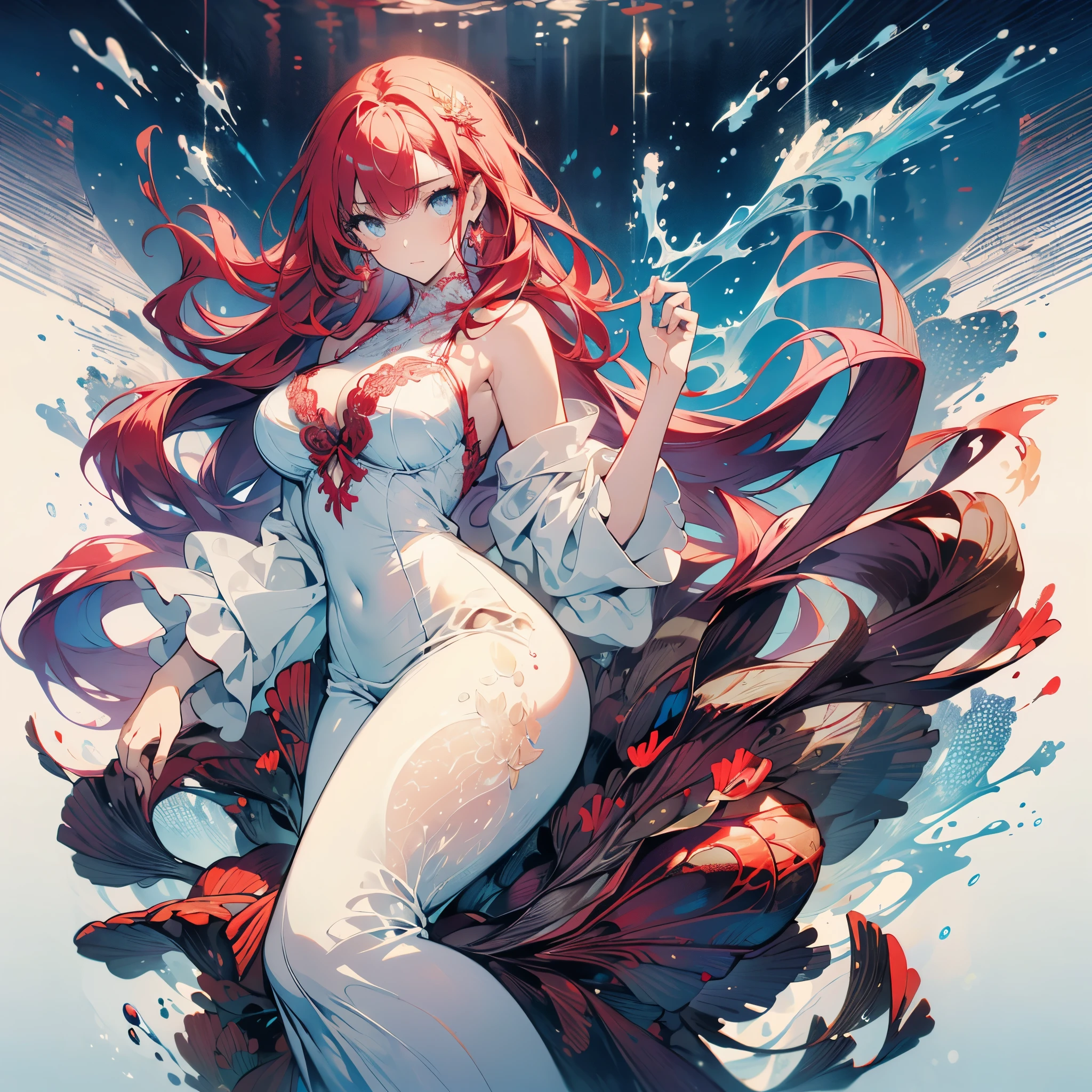 ((masterpiece, best quality)), Delicate face，red， Mermaid under the sea，Scales，whole body，Standing picture，Large Breasts，Gradient long wavy hair，Perfect body proportions，beautiful eyes，Extremely beautiful，transparent，Pure white background，Water Ripples，Sexy Lingerie，Lace