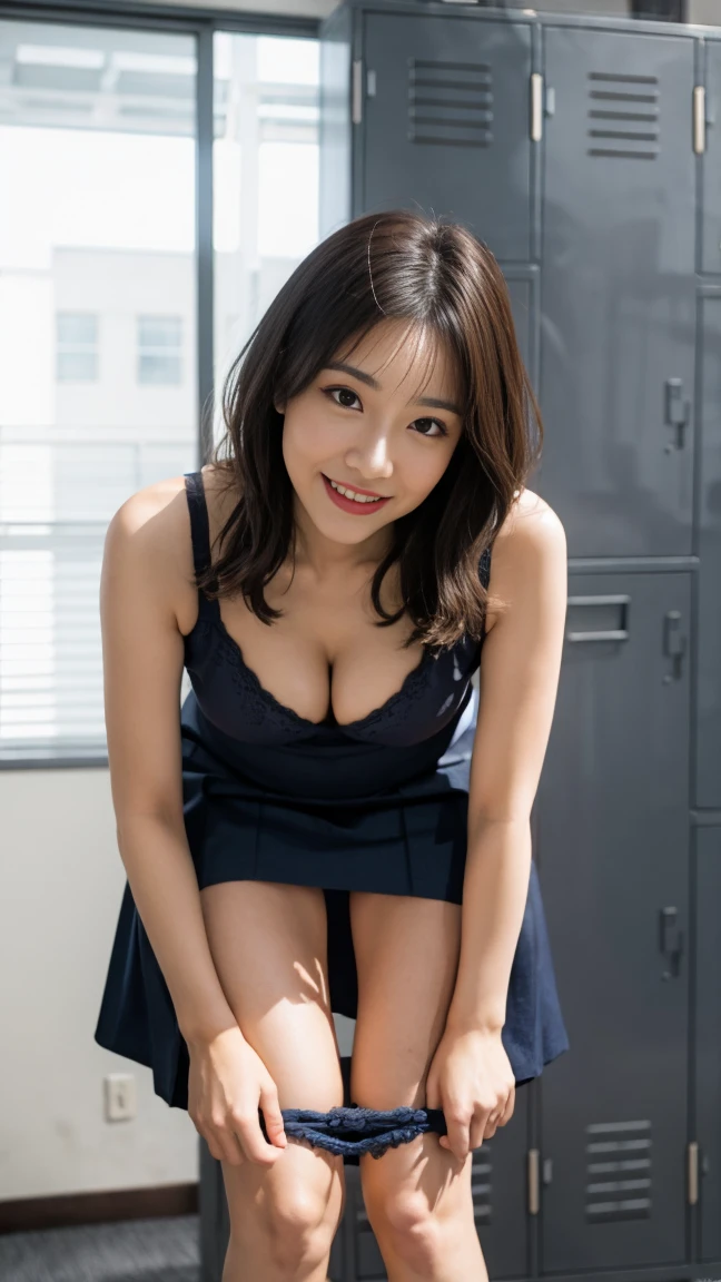 8k, RAW photo, best quality, masterpiece:1.2,1girl,mature female,cleavage,(glowing red pupils),(office_lady)，((pull panties))、cowboy shot、((panty pull))、(wearing a skirt:1.2),bent over、(locker room:1.2),wet panties,Beautiful, 50 years old,A MILF,Smile,a matural female,NSFW:1.4