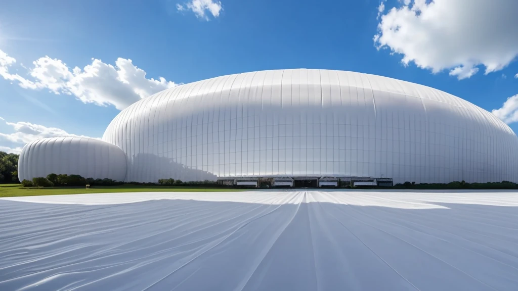 Realistic panorama of a huge inflatable installation in the shape of the building, white inflatable plastic film material, the installation is supported by a steel frame and wrapped in a white polyester sheet. The huge building, sunny sky, panorama, National Geographic, minimalist, surreal, most best quality,32K Ultra HD