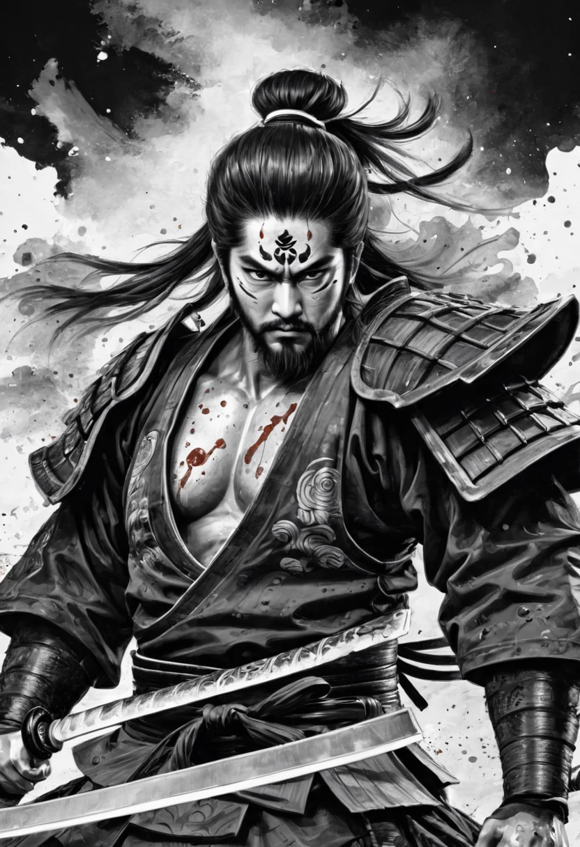 Black and white painting,Ink Painting,Bloodの飛沫,(Blood:1.2),(Seppuku),Warrior,Mamba Hair,detailed beautiful face,Beard,(samurai armor,Detailed Armor),(backlighting:1.3),(from below:1.2),(full body:1.1),