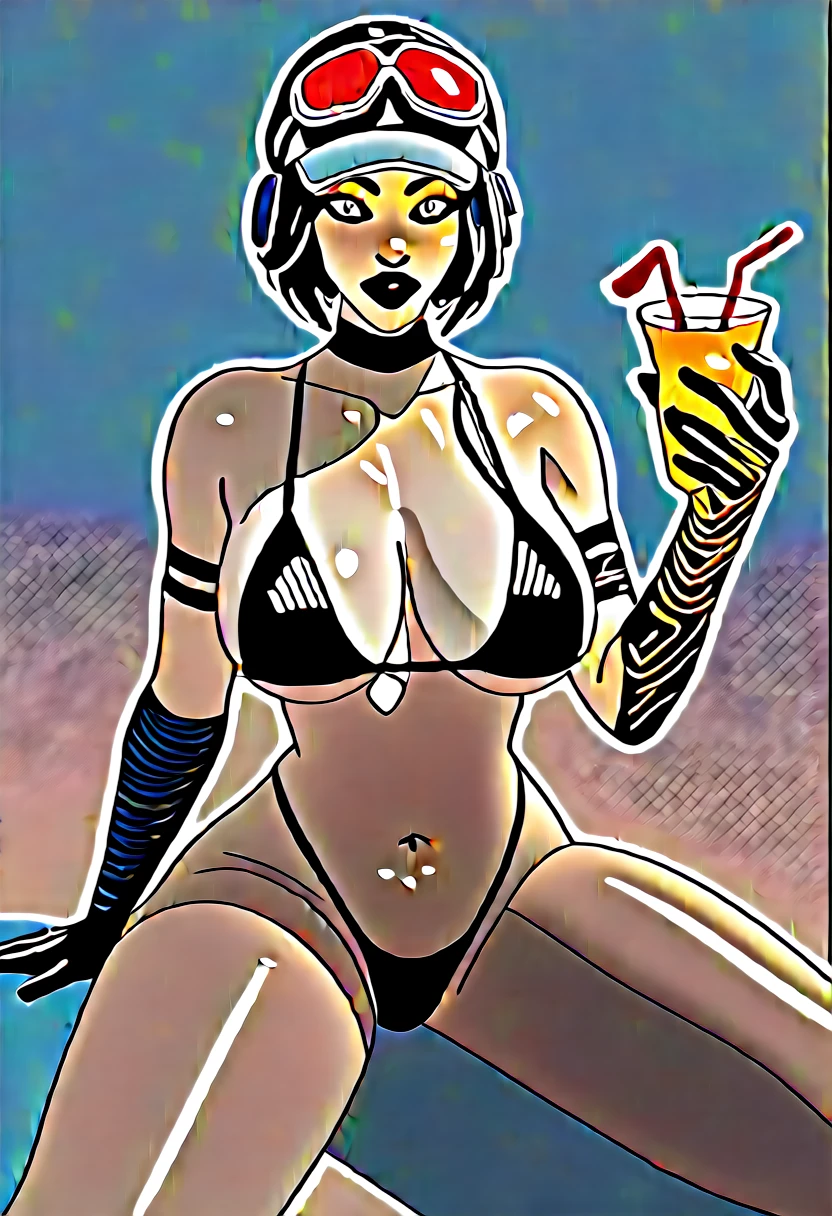 score_9, score_8_up, Ela, ela elite \(Rainbow Six Siege\),ela, ela \(Rainbow Six Siege\,1woman, hourglass body, athletic body, shiny skin, black bikini, sunny day, beach outside, black hair, short hair, bobcut, cocktail on hand, big lips, black lipstick, black eyeliner, tattoo on arm, looking at viewer, navel, thick thighs, black eyeliner, wide hips, big breasts, pawg,  easynegative, csr style, Expressiveh, concept art, realistic, sitting on sand