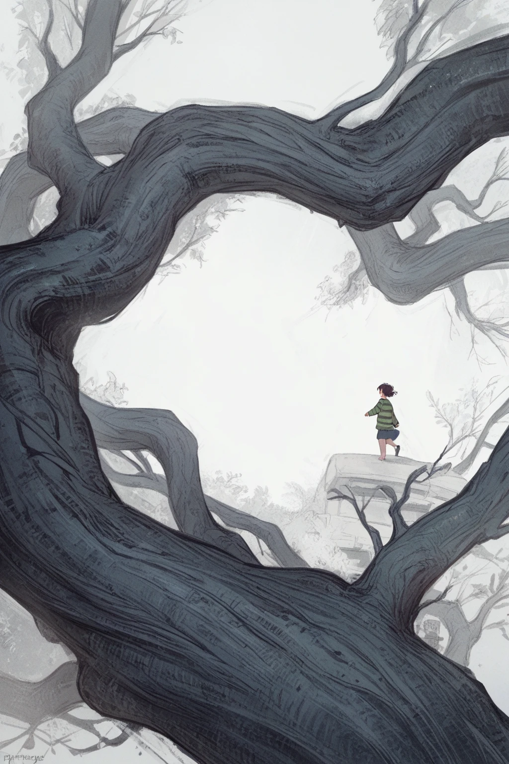 score_9, score_8_up, score_7_up, score_6_up, score_5_up, score_4_up, wh33z13,1 kid girl, walking under a tree, green striped sweater,