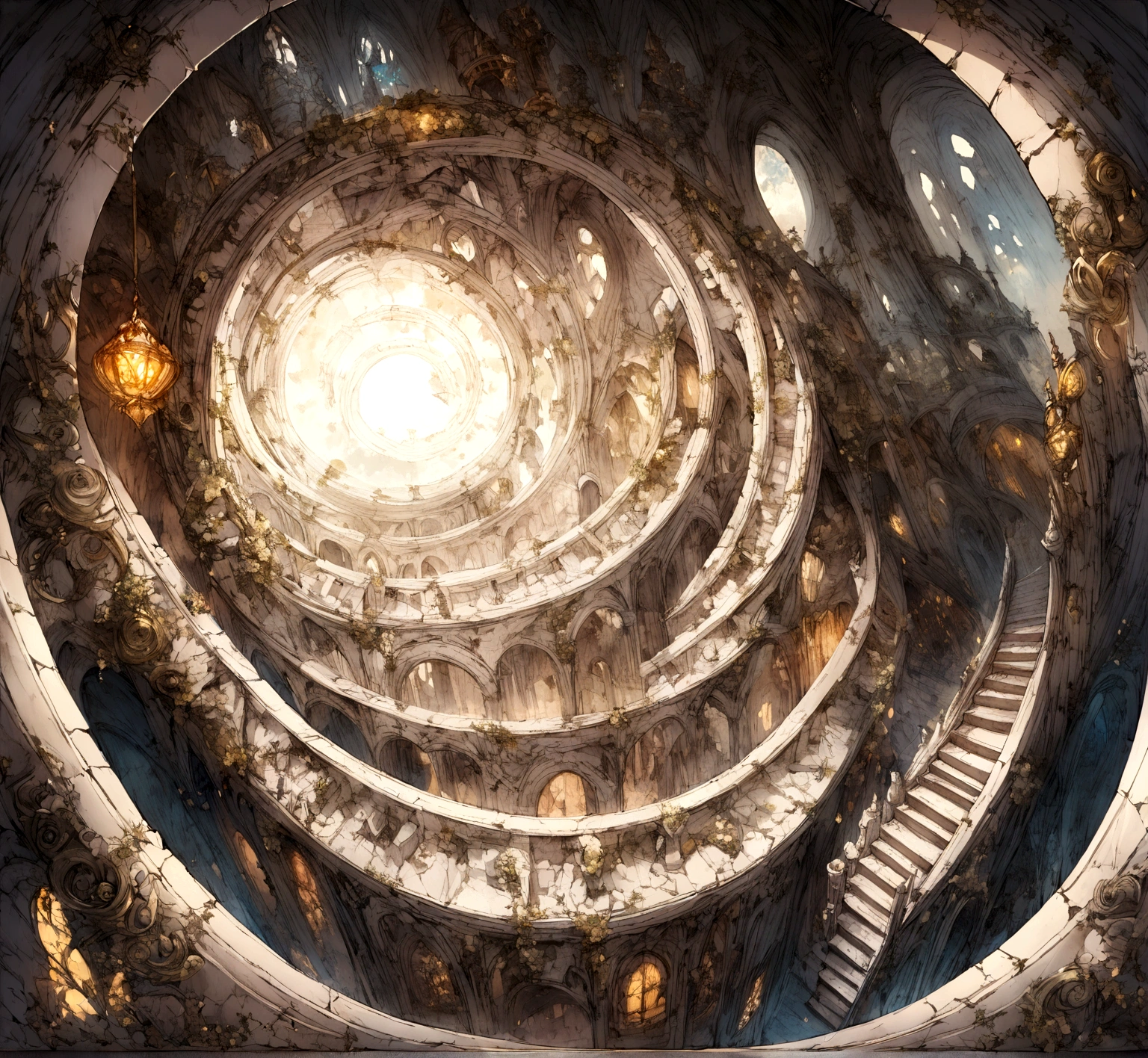 Fantasy white castle with spiral entrance stairs