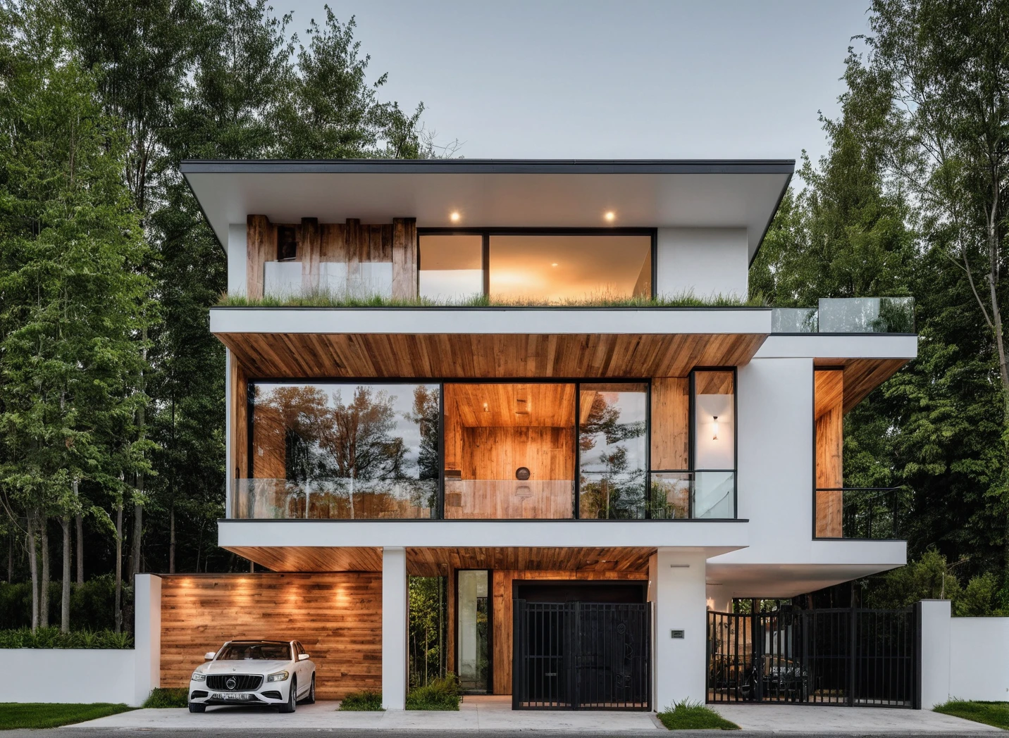 Raw photo, Masterpiece, high quality, best quality, authentic, super detail,
outdoors, house style modern, white wall, revolving wooden door, glass windows, canopy, car, black metal fence, glass railing,
road, grass, trees, nightlight:1.1), vivid colors, (realistic:1.2),
