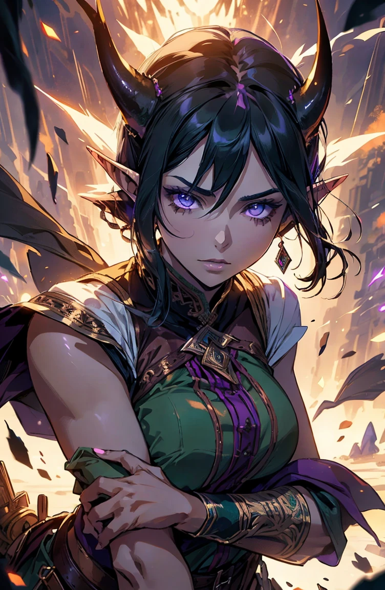 older woman, sexy, tall, brown skin, one wing, black hair, elf, elf ears, horns, sleeveless, purple, dramatic compositions, Cinematic lighting, Ray tracing, dramatic shadows