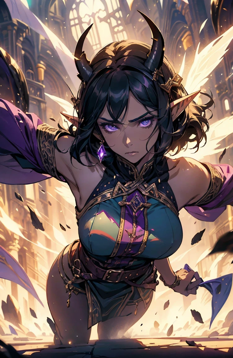 older woman, sexy, tall, brown skin, one wing, black hair, elf, elf ears, horns, sleeveless, purple, dramatic compositions, Cinematic lighting, Ray tracing, dramatic shadows