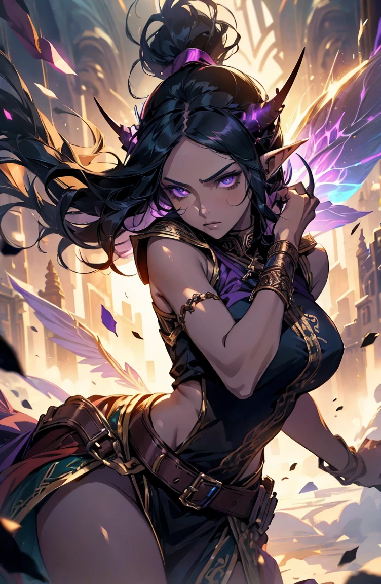 older woman, sexy, tall, brown skin, one wing, black hair, elf, elf ears, horns, sleeveless, purple, dramatic compositions, Cinematic lighting, Ray tracing, dramatic shadows