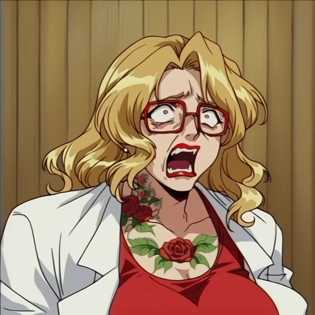 beautyful mature woman, Shion Karanomori based, blonde wavy hair, encorped body, red glasses, red lipstick, red low-cut dress, whole body roses tattoos, white jacket, milf, scared face, scream, wood background
