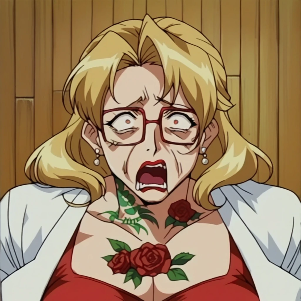 beautyful mature woman, Shion Karanomori based, blonde wavy hair, encorped body, red glasses, red lipstick, red low-cut dress, whole body roses tattoos, white jacket, milf, scared face, scream, wood background