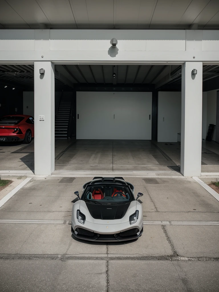 Modern and minimalist house, contemporary features, Fujifilm GFX 100S, capturing every detail and achieving unparalleled image clarity, full garage photo, Ferrari 488 Pista Spider.