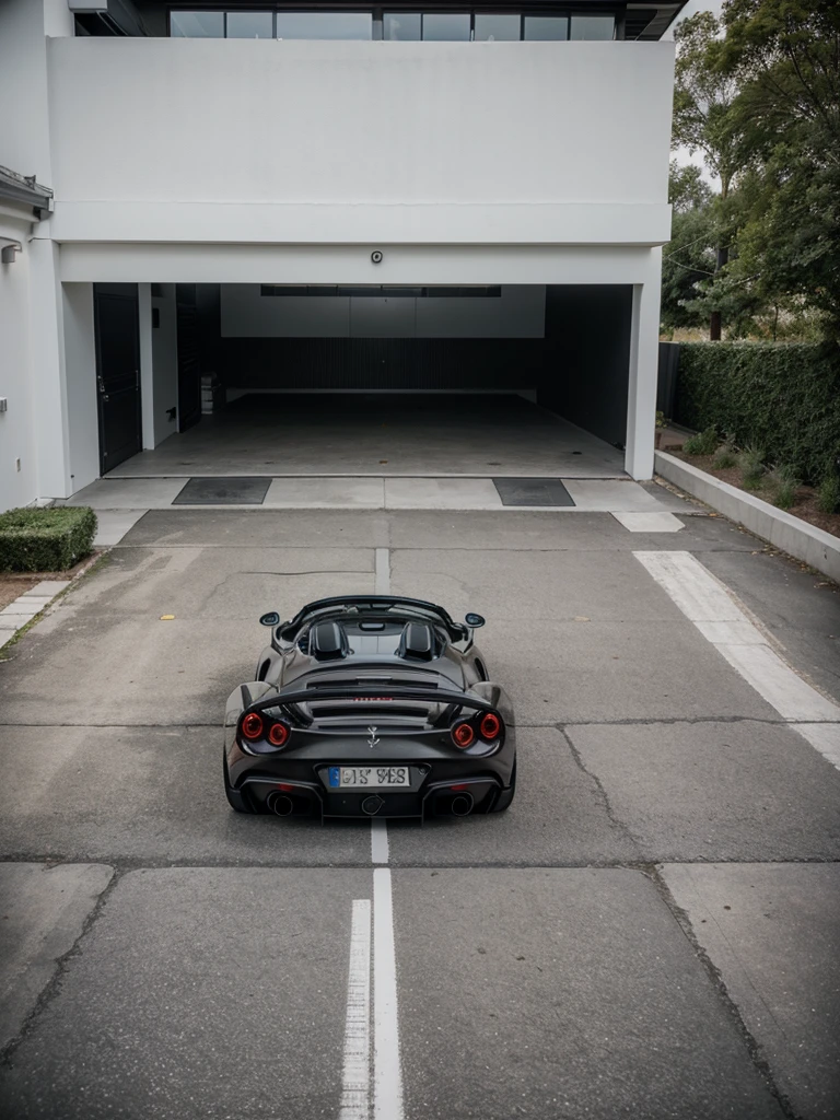 Modern and minimalist house, contemporary features, Fujifilm GFX 100S, capturing every detail and achieving unparalleled image clarity, full garage photo, Ferrari 488 Pista Spider.