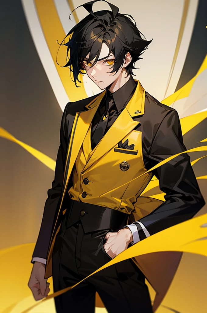 A male anime 18 year old boy with yellow eyes and black hair Also is wearing a yellow tuxedo