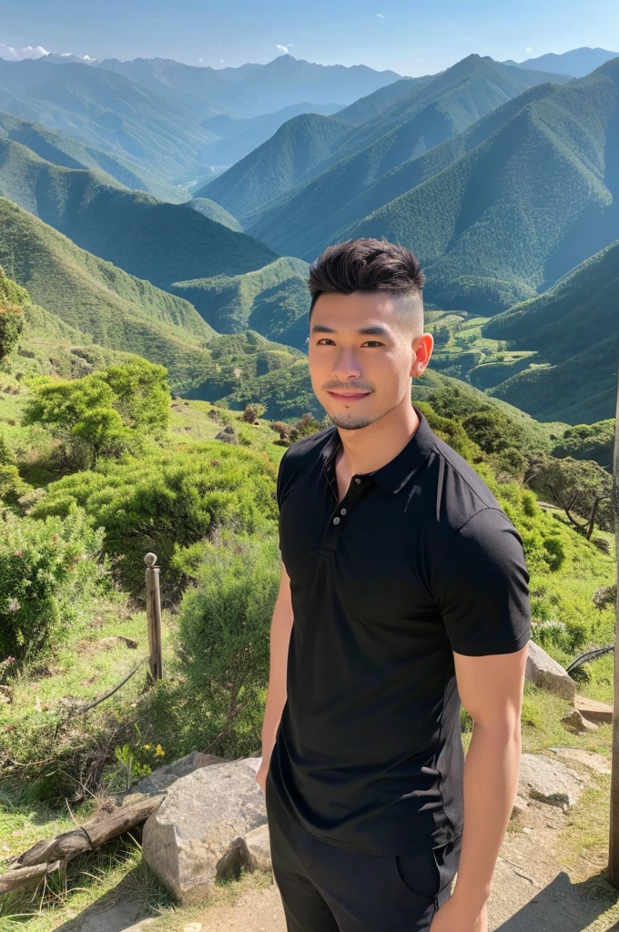 Handsome Asian man, black shirt, see the panorama from the top of the mountains
