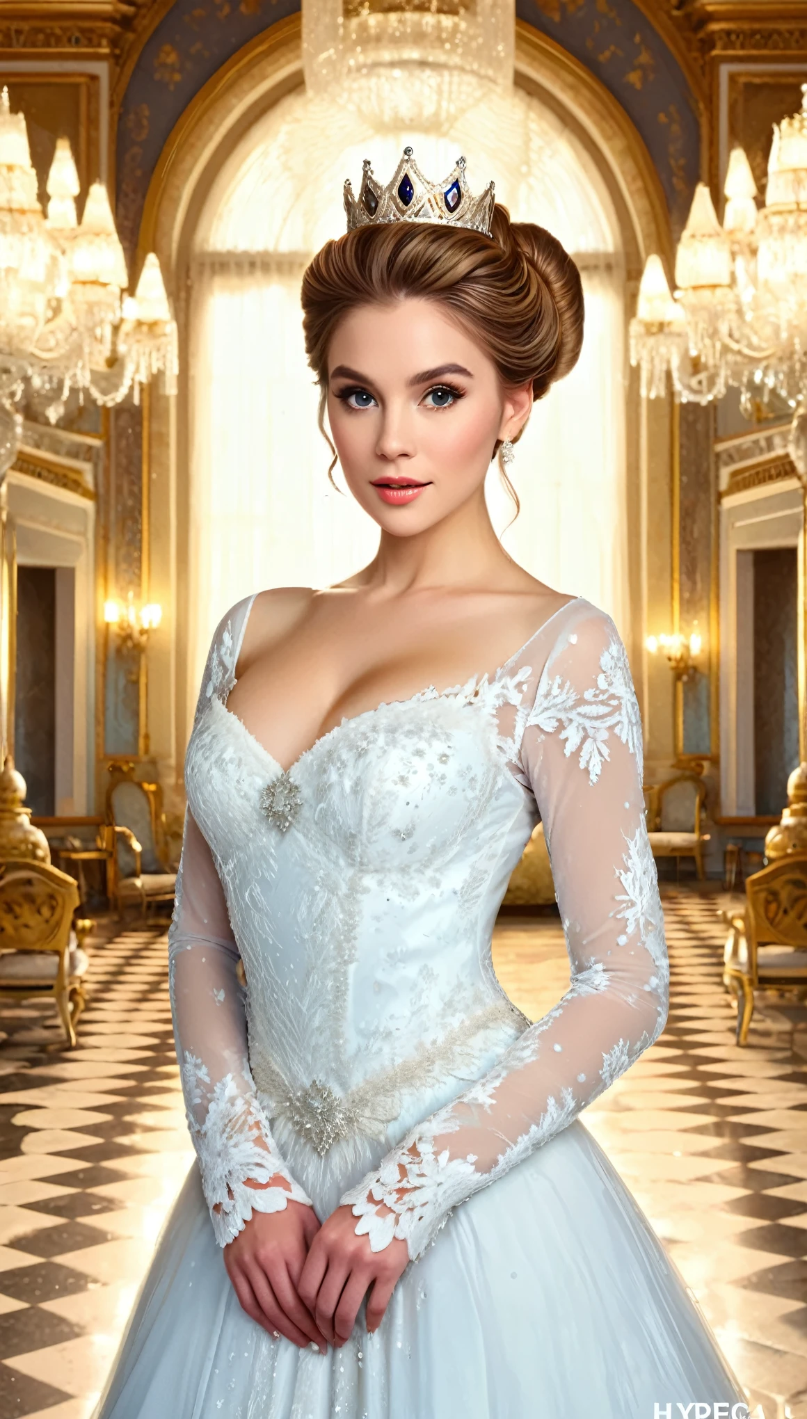 A hyper-realistic portrait of a regal woman with light brown hair in an updo, wearing a white lace gown and an icy crown, set in a winter wonderland palace.