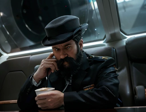 (((Fotografia de corpo inteiro fotografia de Corpo completo The general orders an immediate exploration of the planet he has a large voluminous white beard he has a general hat on his head he wears a modern uniform))), he gestures with his hands to the spectators he is plump and chubby extremely thick thighs large belly fat age 65, he holds a mug of hot coffee , ambience: dentro de uma nave. Full body photography Full body photography different angles of the image. Ele está dirigindo um veículo espacial de transporte no solo.dentro da espaçonave. Caminhando no laboratório, foto de corpo inteiro fotografia de Corpo completo.