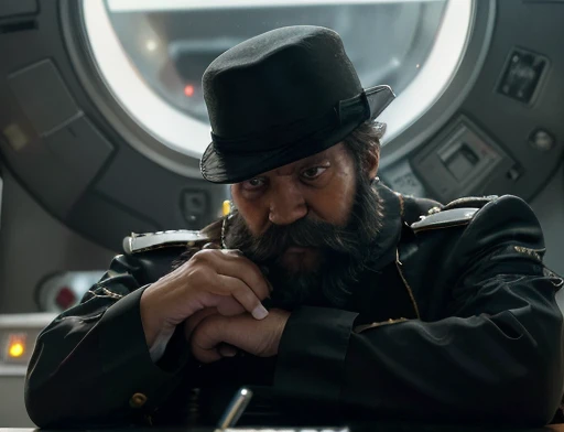 (((Fotografia de corpo inteiro fotografia de Corpo completo The general orders an immediate exploration of the planet he has a large voluminous white beard he has a general hat on his head he wears a modern uniform))),  he gestures with his hands to the spectators he is plump and chubby extremely thick thighs large belly fat age 65, he holds a mug of hot coffee , ambience: dentro  de uma nave. Full body photography Full body photography different angles of the image. Ele está dirigindo um veículo espacial de transporte no solo.dentro da espaçonave. Caminhando no laboratório, foto de corpo inteiro fotografia de Corpo completo.
