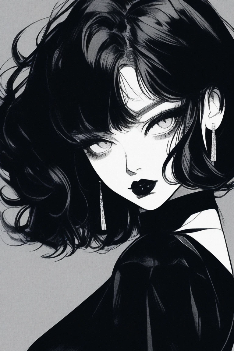 (best quality, sketch:1.2),realistic,illustrator,anime,1 girl, detailed lips, black dress,custom, (background dark monochrome), dark hair,textured cropping, masterpiece, style retro classic, noir dark, art, sketch book, (bob hair black:1.75 neon:1.32), bad women , dark shadows