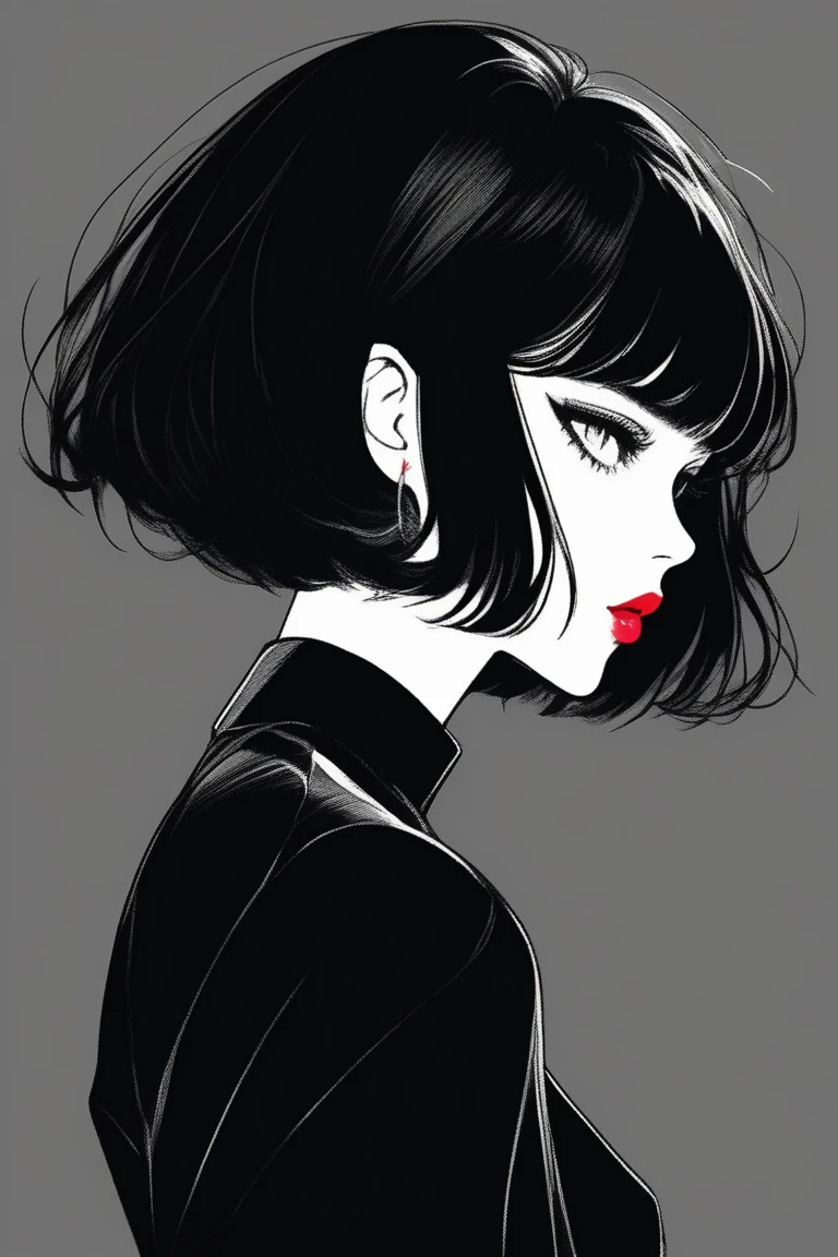 (best quality, sketch:1.2),realistic,illustrator,anime,1 girl, detailed lips, black dress,custom, (background dark monochrome), dark hair,textured cropping, masterpiece, style retro classic, noir dark, art, sketch book, (bob hair black:1.75 neon:1.32), bad women , dark shadows 