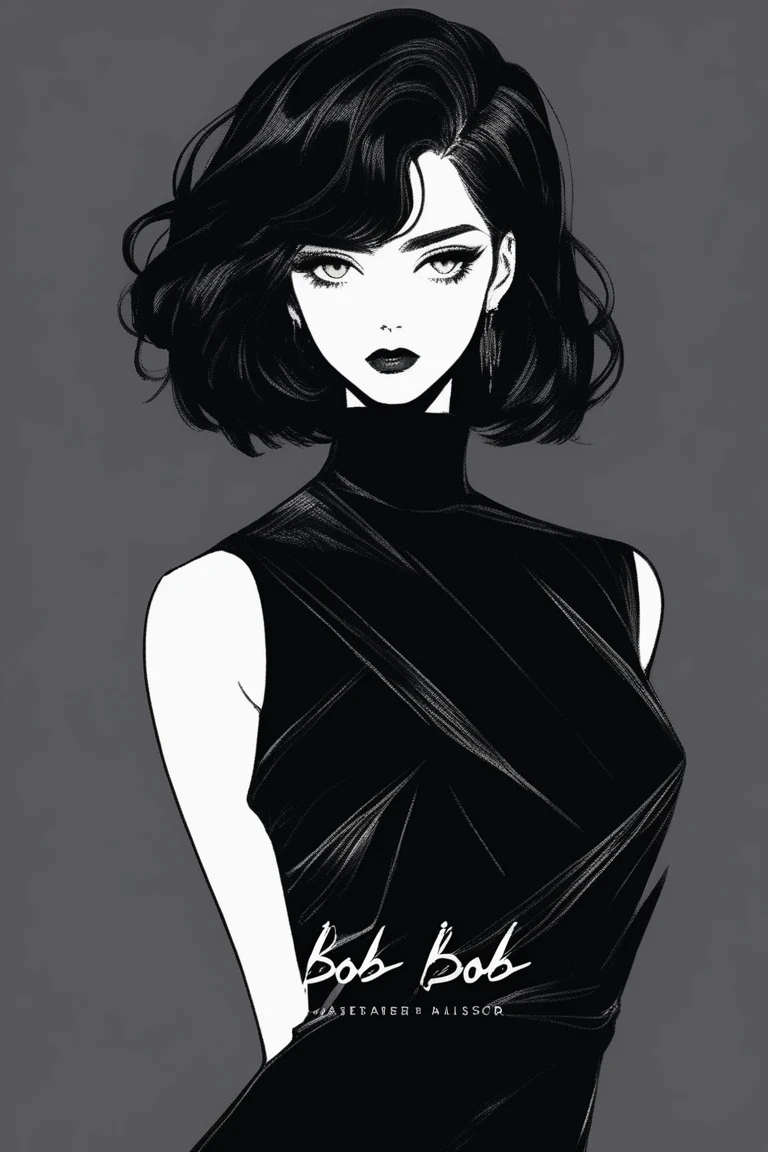 (best quality, sketch:1.2),realistic,illustrator,anime,1 girl, detailed lips, black dress,custom, (background dark monochrome), dark hair,textured cropping, masterpiece, style retro classic, noir dark, art, sketch book, (bob hair black:1.75 neon:1.32), bad women , dark shadows