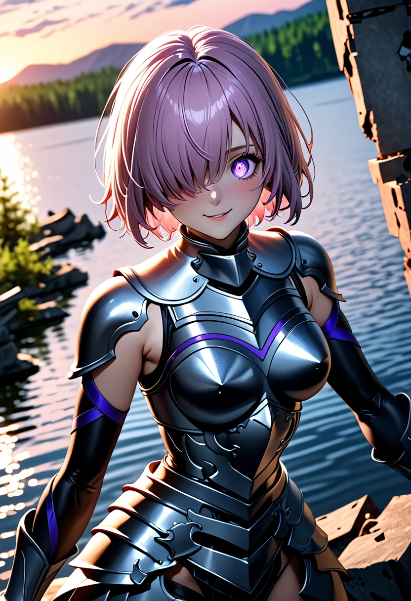 (masterpiece, top quality, best quality, beautiful and aesthetic:1.2), full body, SFW, extremely detailed, detailed eyes, detailed hands, cinematic light, depth of field, 1girl, seducing smile, solo, official, (full armored knight:1.4), dark armor, full-faced helmet that hides the face, mash kyrielight,  light purple hair, short hair, hair over one eye, slim body, cinematic lighting, dramatic lighting, dramatic atmosphere, hyper-realistic, high resolution, stunning contrast, high quality, best quality, 8k, 4k, intricately detailed, (amazing details:1.2), highly detailed skin, powerful presence, vibrant colors, (detailed eyes:1.2), striking eyes, (detailed background), (lake on background, twilight, ruins), (dynamic angle:1.2), (dynamic pose:1.2)