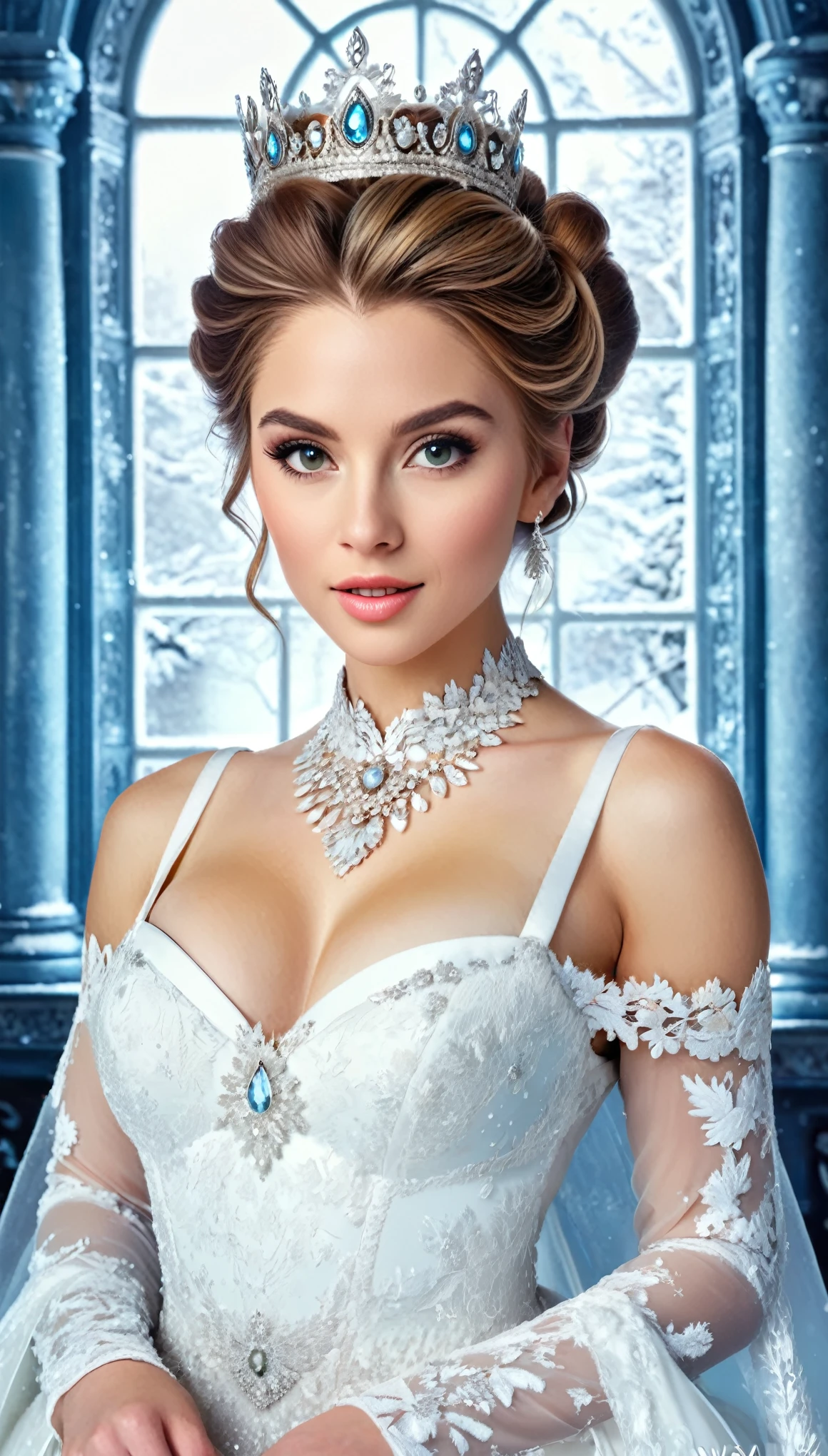 A hyper-realistic portrait of a regal woman with light brown hair in an updo, wearing a white lace gown and an icy crown, set in a winter wonderland palace.