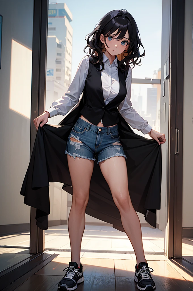  a 29 year old girl has a white shirt and a black vest, sports shoes and torn jeans, His hair is black and wavy., his eyes are brown, It is of medium status, your tits are marked on your shirt, is standing facing the viewer, good lighting, marked big tits. 