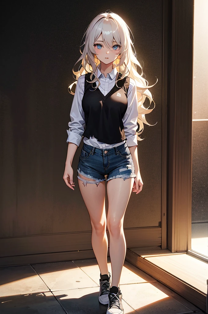  a 29 year old girl has a white shirt and a black vest, sports shoes and torn jeans, His hair is black and wavy., his eyes are brown, It is of medium status, your tits are marked on your shirt, is standing facing the viewer, good lighting, marked big tits. 