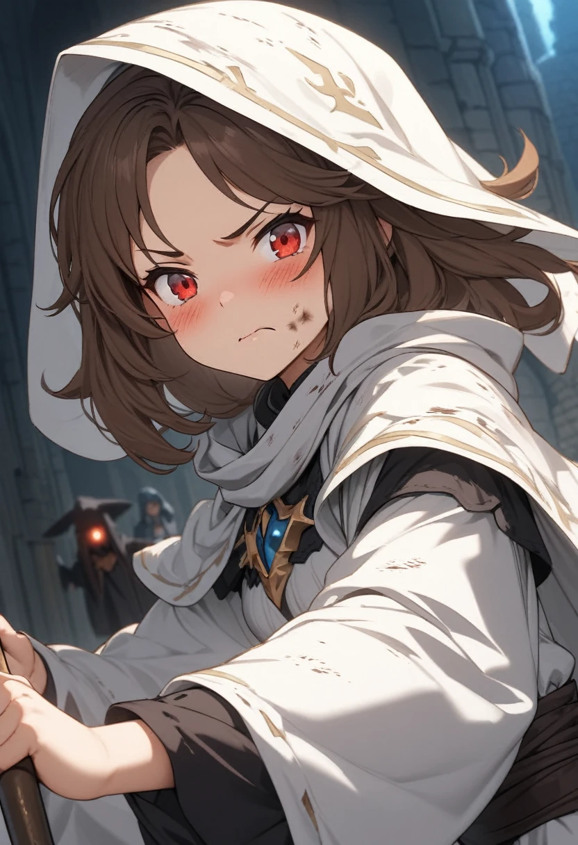 Adult female, average height, very short brown hair, red eyes, cleric, black on white cleric robes, blushing, angry, tsundere, fantasy dungeon in the dark, running from monsters, highly detailed, high quality, perfect eyes, perfect face, dirty, cuts, alone