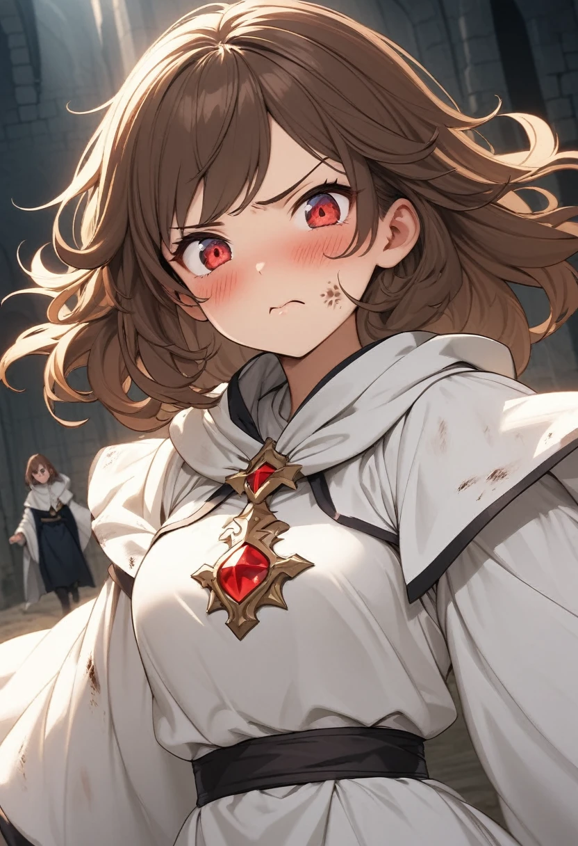 Adult female, average height, very short brown hair, red eyes, cleric, black on white cleric robes, blushing, angry, tsundere, fantasy dungeon in the dark, running from monsters, highly detailed, high quality, perfect eyes, perfect face, dirty, cuts, alone