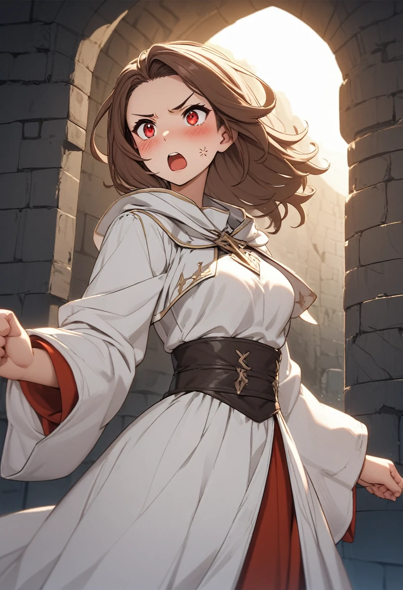 Adult female, average height, very short brown hair, red eyes, cleric, black on white cleric robes, blushing, angry, tsundere, fantasy dungeon in the dark, running from monsters, highly detailed, high quality, perfect eyes, perfect face, dirty, cuts, alone