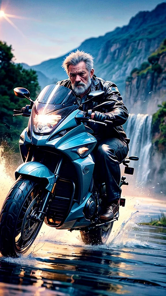 Old man on a motorcycle,jumping over a river,detailed realistic 8K,highly detailed, intricate details, photorealistic, cinematic lighting, dramatic colors, beautiful landscape, dramatic composition, Epic Scale, heroic pose, motion blur, splash, water spray, sense of speed and danger