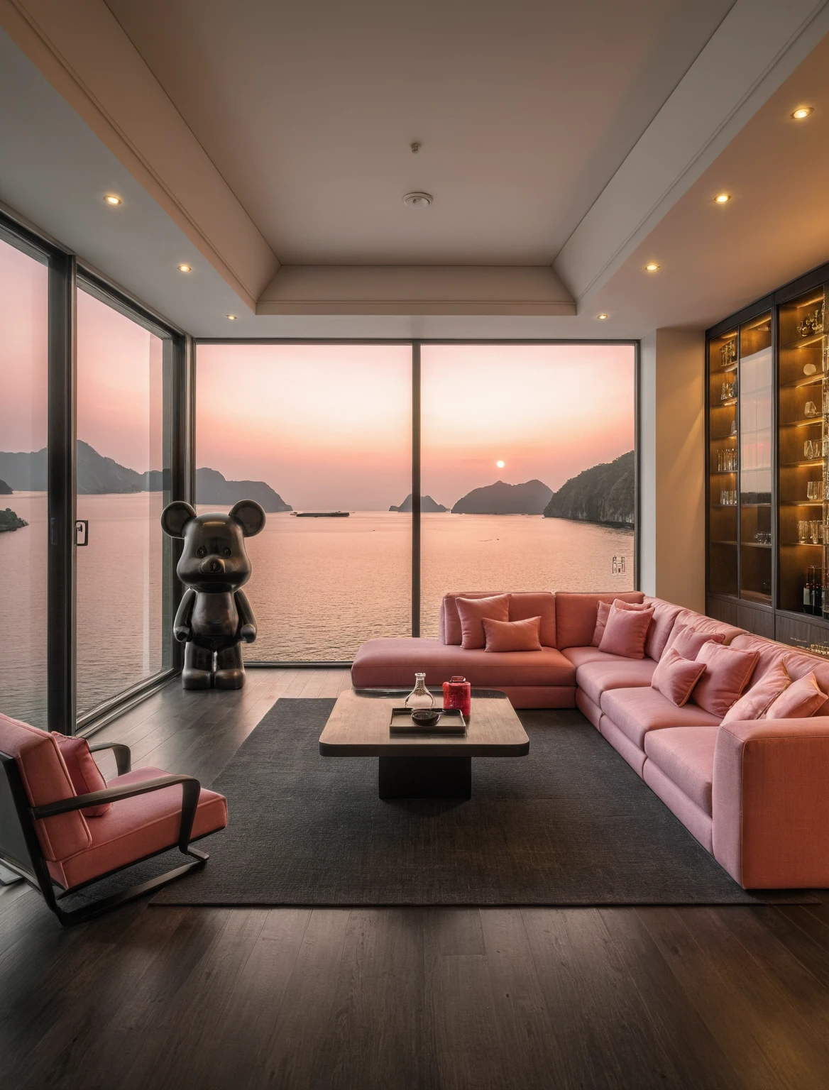 Raw photo,Masterpiece, high quality, best quality, authentic, super detail, interior, livingroom style modern, sunset, evening light, sofa, tea table, carpet, flower vase on tea table, wine bottle, tray, armchair, wine cabinet, books, glass cabinet doors, downlight, windows overlooking the evening ha long bay, (((black and pink tones))), black wooden floor, ((bearbrick black and pink))