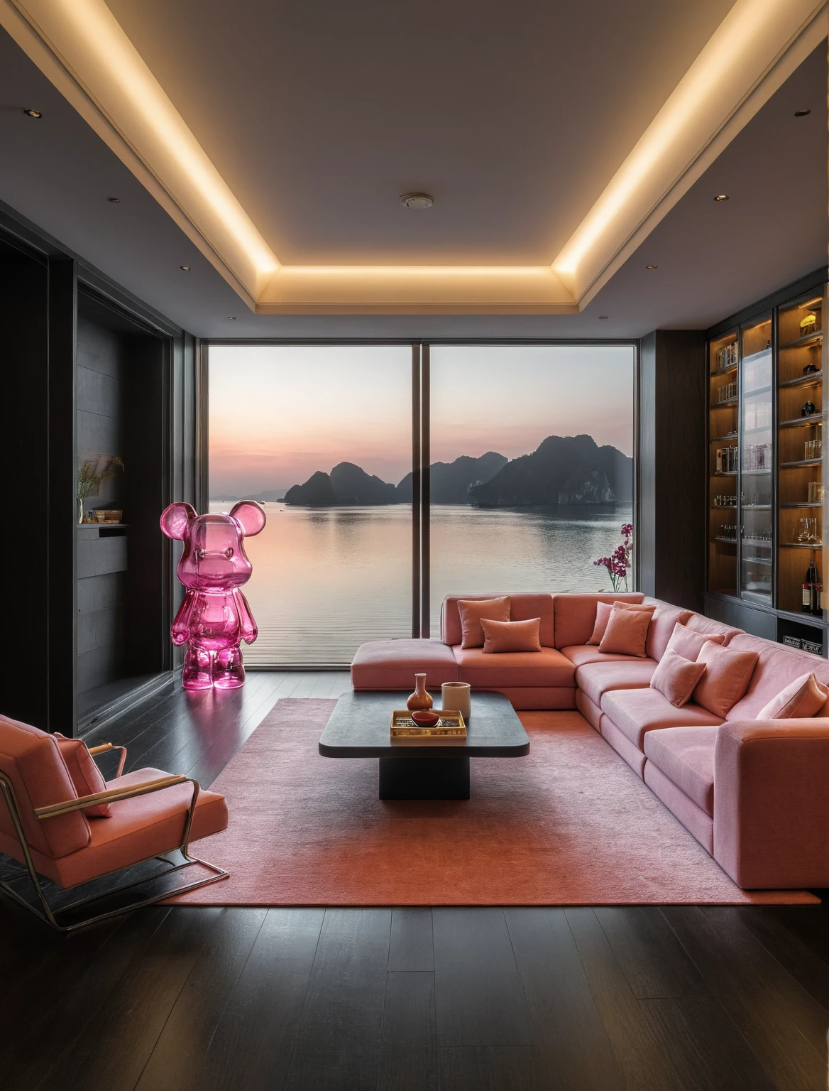 Raw photo,Masterpiece, high quality, best quality, authentic, super detail, interior, livingroom style modern, sunset, evening light, sofa, tea table, carpet, flower vase on tea table, wine bottle, tray, armchair, wine cabinet, books, glass cabinet doors, downlight, windows overlooking the evening ha long bay, (((black and pink tones))), black wooden floor, ((bearbrick black and pink))