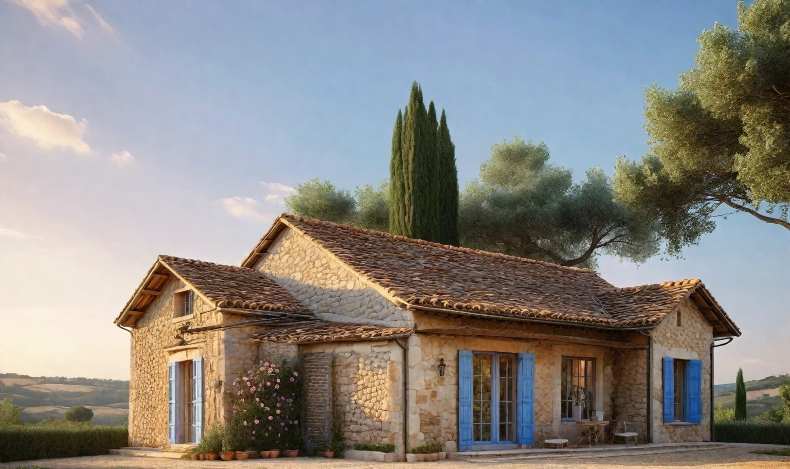 French farmhouse exterior, rustic, stone walls, steep roof, clay tiles, blue shutters, climbing roses, lavender, countryside, warm light, photorealistic, architectural