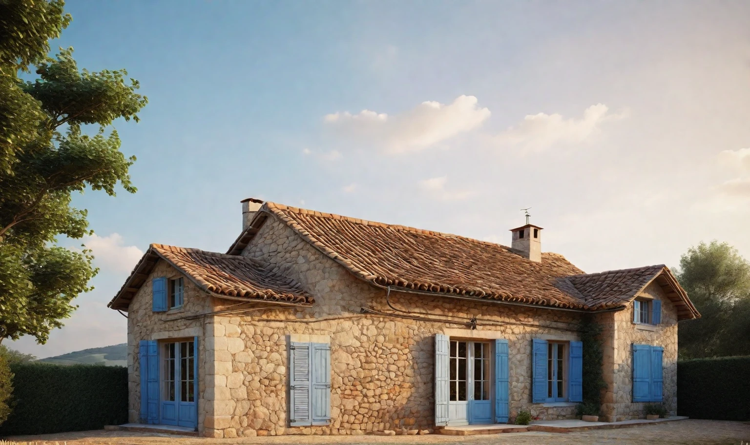 French farmhouse exterior, rustic, stone walls, steep roof, clay tiles, blue shutters, climbing roses, lavender, countryside, warm light, photorealistic, architectural